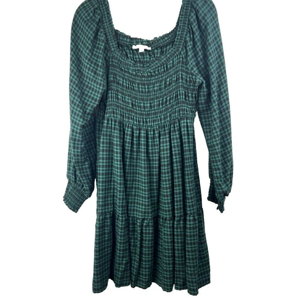 Lucky Brand Women’s Dress L Plaid Smocked Peasant Tiered Puff Sleeve Square Neck